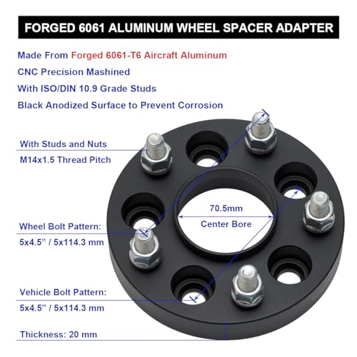 Black Forged 5x4.5 Hubcentric Wheel Spacers 20mm with 14x1.5 Studs 70.5mm Hub Bore, 5 Lug Wheel Spacer 5x114.3 Compatible with Mustang 2015-2024 | Explorer 2020-2024 - Pack of 2 - size: 20MM-Pack of 2