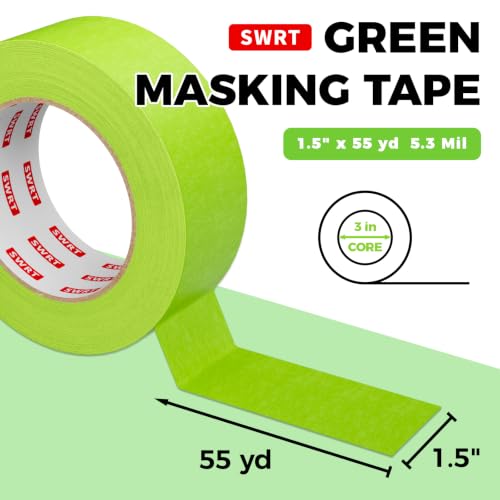 SWRT Green Painters Tape 1.5 Inch x 55 Yards, 4 Rolls, Clean Removal