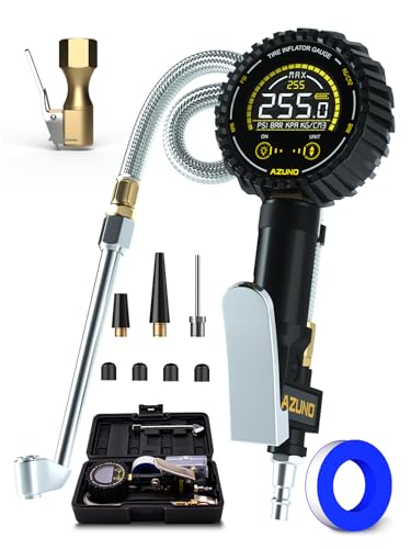 AZUNO Digital Tire Inflator Gauge 255 PSI, Heavy Duty Tire Pressure Gauge with Air Chuck, Steel Braided Hose, Quick Connect Coupler & Case for Truck RV Trailer - size: 255 PSI For Truck&RV