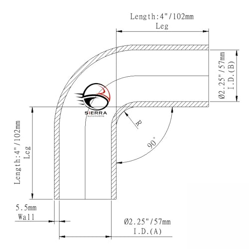 2.25 Inch / 57mm 90 Degree Silicone Elbow Hose – Extended Leg Design, True 102mm Length, 5.5mm Thickness – High Temp 4-Ply Black Coupler for Turbo, Intake, Radiator Pipe - size: 2.25 Inch / 57mm