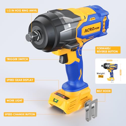 ACROPOW Cordless Impact Wrench 1/2" for Dewalt 20V Battery - size: 1700 FT-LBS