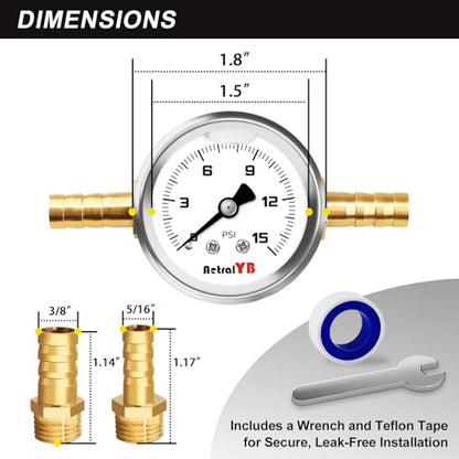 0-15Psi Inline Fuel Pressure Gauge Test Kits, 1-1/2" Dial Size