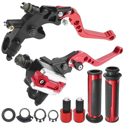Universal Motorcycle Brake Lever 7/8" 22mm Handlebar Brake Master Cylinder Clutch Levers Set, Hand Grips, Handlebar Ends Replacement for Harley Honda Kawasaki Suzuki Yamaha, Red Left + Right