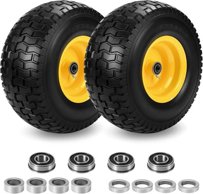 2 Pcs 15x6.00-6 Flat Free Lawn Mower Tire and Wheel, 3/4" & 5/8" Bearings - size: 2 Pcs 15x6.00-6 Flat Free