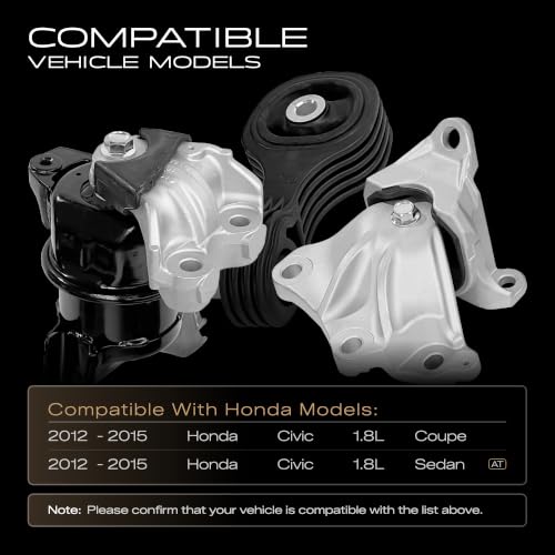 Engine Motor Mounts Compatible with 2012-2015 Honda Civic 1.8L Coupe/Sedan with Automatic Transmission Replacement for A65048 A65021 A65087 50890TR0A81 50850TR6A81 50820TR0A81 Set of 3 - size: 2012-2015 Civic 1.8L