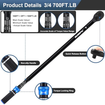 High Torque Wrench 3/4 Inch 100-700 ft, 3/4 Torque Wrench for Car, Truck, Tractor, Accuracy ± 3% Two Directions Adjustable 48 Teeth Precision Instruments Wrenches - size: 3/4" 100-700 FT.LB
