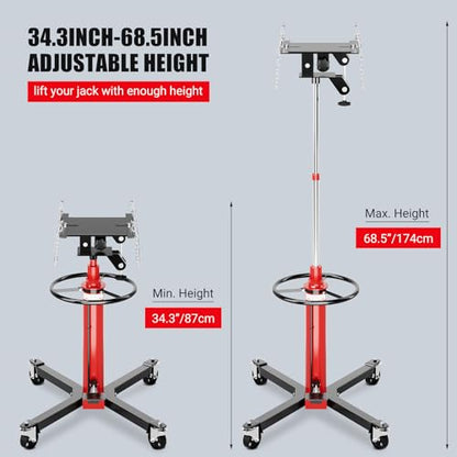 1320Lb Hydraulic Transmission Jack, 34-68 in High Lifting Height, 2-Stage Telescopic Jack Stand with Foot Pedal, 360 Swivel Wheels - size: 1320LBS