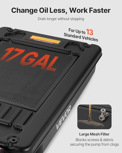 VEVOR Low Profile Oil Drain Pan, 17 Gal Capacity, Rolling Oil Drain Pan with 110V High-Flow Electric Pump, 7.2 ft Hose & T Folding Handle, Leak-proof & Corrosion-resistant, Fit for Trucks, ATVs, Black