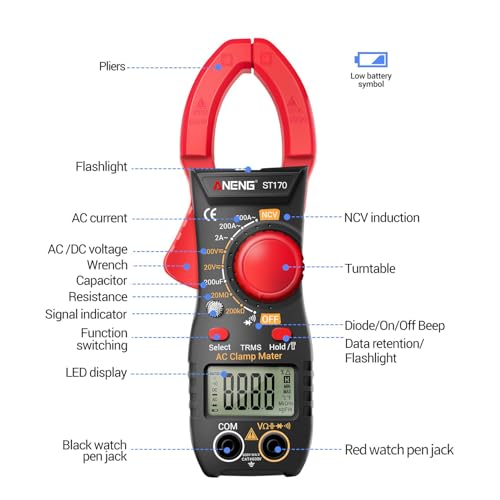NCV Digital Clamp Meter Multimeter 2000 Counts Amp Voltage Tester Auto-ranging with AC/DC Voltage, AC Current, Resistance, Capacitance, Continuity, Live Wire Test, Red
