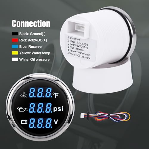 Triple Gauge Set 3in1,Water Temp (104°F-248°F), Oil Pressure (0-145PSI), Voltmeter (9-32V), AUTO Gauge with Digital Display Alarms for Cars Trucks Boats (Blue) - color: Blue