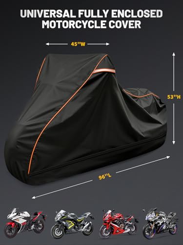 COVERVIN Full Enclosed Motorcycle Cover, 600D Heavy Duty Waterproof Motorcycle Cover, Outdoor UV Protection with Reflective Strips, Fits 96" Harley Honda Yamaha Suzuki, Black - size: XXL-96"