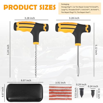 30PCS Car Tire Plug Kit,Essential Car Emergency Flat Tire Repair Kit Contains Drill/Rubber Repairs Screws/Cars Tires Repair Plugs,Professional Tubeless Tires Patch Kits for Cars