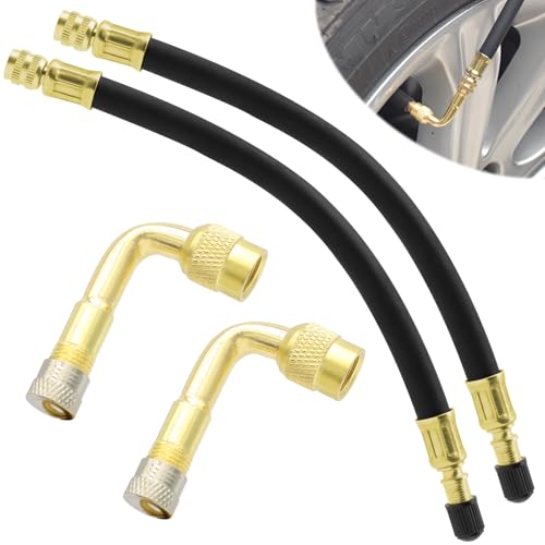 Tire Valve Extension Set, 2 Pieces 8.25 Inch Flexible Valve Stem Extension Adaptor with 2 Pieces 90 Degree Brass Tire Valve Extension Adaptor Compatible for Cars Truck Motorcycle Bike Scooter - size: 90 Degree X 2