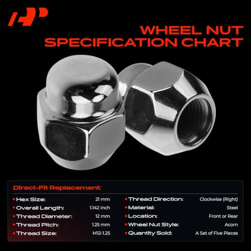 A-Premium Front or Rear M12-1.25 Wheel Lug Nuts, Set of 5 - size: 5 PCS