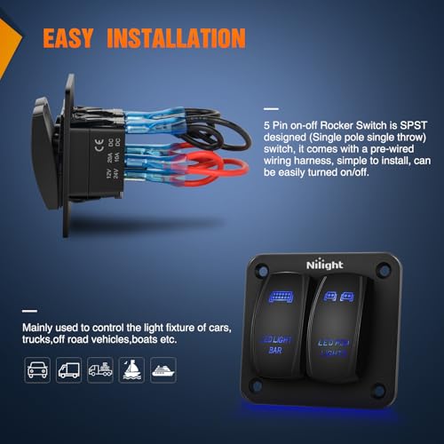Nilight 2 Gang LED Light Bar Pod Lights Rocker Switch Panel 12/24V - color: Blue, size: LED LIGHT BAR+LED POD LIGHTS