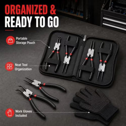 4-Piece Snap Ring Pliers Set, 7" Internal External Circlip Pliers, Straight & 90 Degree, 45# Steel 5/64" Tips for Bearing Transmission Motorcycle Automotive Retaining Ring Removal
