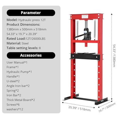 12T Hydraulic Press, Heavy-Duty h-Frame Garage Floor Hydraulic Shop Press - color: Red + Black