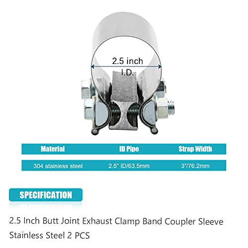 2.5" 2.5 Inch Exhaust Clamp Butt Joint Band Clamp Sleeve Coupler Stainless Steel 1 1/2 Inch for Exhaust Pipes, Mufflers and Catalytic Converters (2 PCS) - size: 2.5"