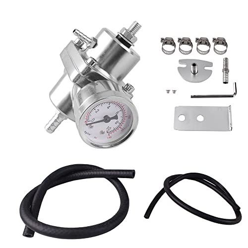 BARTOO Adjustable Fuel Pressure Regulator Kit with 0-140 PSI Gauge, Silver - color: Silver