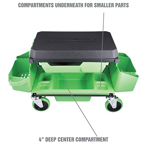 OEMTOOLS Sidekick Rolling Mechanic Stool – 5 Tool Trays, Cushioned Seat, 330 lb Capacity (Green)