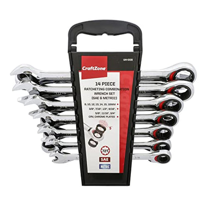 22-Piece Flex Head Ratchet Wrench Set, SAE & Metric Ratcheting Combination Wrenches, 72-Tooth Reversible Mechanism, Chrome Vanadium Steel with Organizer for Auto Repair