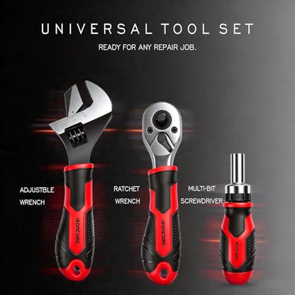 ironcube 53-Piece Socket Ratchet Wrench Set, with 20-In-1 Ratcheting Screwdriver & 2-in-1 Adjustable Wrench for Garage, Auto Repair, Household Backyard & College Dorm