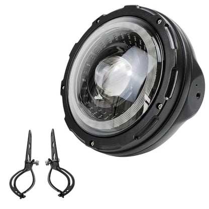 7inch Flowing White/Amber DRL Motorcycle Start-up Headlight with Aluminum Alloy Housing Bucket 32-40mm Lamp Shell Fork Tube Bracket - color: Amber w/ Housing