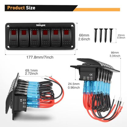 Nilight 6 Gang Rocker Switch Panel SPST On Off 5PIN Electrical Toggle Red - color: Red, size: 6 Gang
