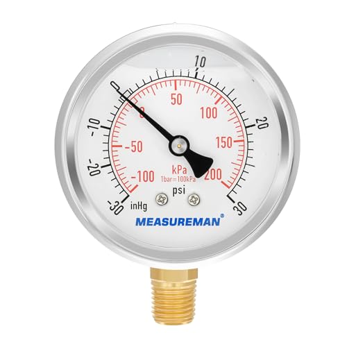 MEASUREMAN 2-1/2" dial,Glycerin Filled, Stainless Steel case, Brass Inside, 30inHg/-100kpa-0-30psi/200kpa,1/4" NPT Lower Mount - size: -14.7-30 psi, style: Lower Mount