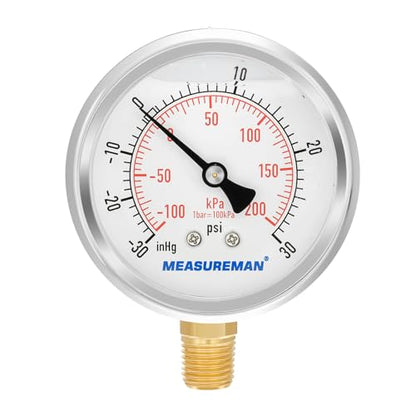 MEASUREMAN 2-1/2" dial,Glycerin Filled, Stainless Steel case, Brass Inside, 30inHg/-100kpa-0-30psi/200kpa,1/4" NPT Lower Mount - size: -14.7-30 psi, style: Lower Mount