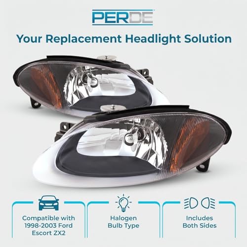 PERDE Headlights Compatible with 1998-2003 Ford Escort ZX2 Coupe Black Housing Headlamps Set Right Passenger And Left Driver Set