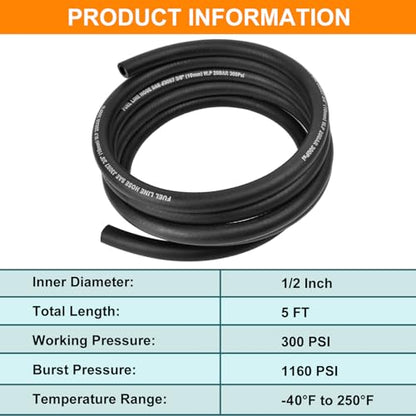 1/2 Inch ID Fuel Line Hose - 5FT Fuel Line with 4PCS Hose Clamps,300PSI High-Pressure Fuel Line for Automotive Fuel Systems Engines (1/2" ID-5Ft) - size: 1/2" ID-5Ft