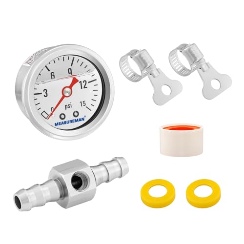 MEASUREMAN 0-15 Psi Glycerin Filled Fuel Pressure Gauge, 1.5” Dial, 304 Stainless Steel Case, 1/8” NPT Center Back Mount, with 3/8” Fuel Line Adapter, Copper Tube & Fittings, Red Aluminum Pointer - size: 0-15 psi, style: Back Mount (7 Pieces Kit)