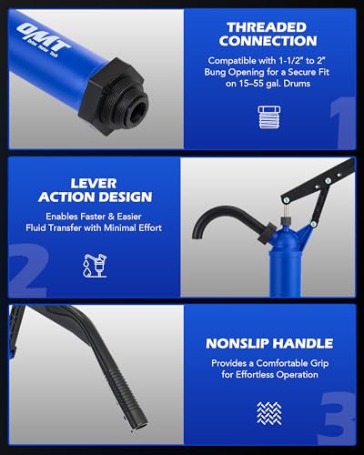 OMT 55 Gallon Drum Pump, Fits 5 to 55 Gallon Drums & Barrels - color: Blue Lever Action Reinforced PP Pump