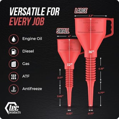 TEC Products FlexAll Long Flexible Oil Change Funnel, Red, 12x4 Inches - color: Red, size: Small
