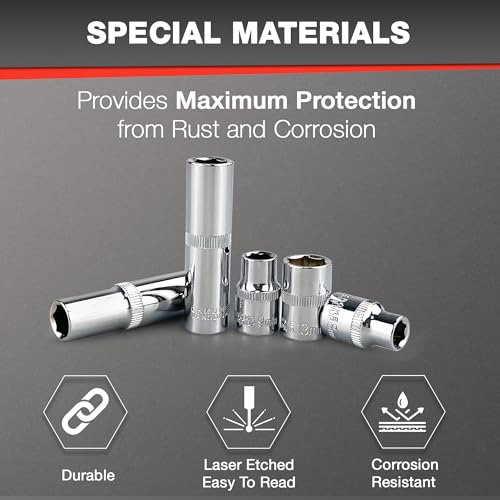 EACELIY 44pcs 3/8" Drive Impact Socket Set,Drive Master Socket Set,SAE/Metric, Deep & Shallow with 3/8" Drive Head Ratchet,Universal Joint,Extension bar (3” & 6”),6 Point,CR-V Steel，Mirror Chrome - size: 44PCS 3/8inch