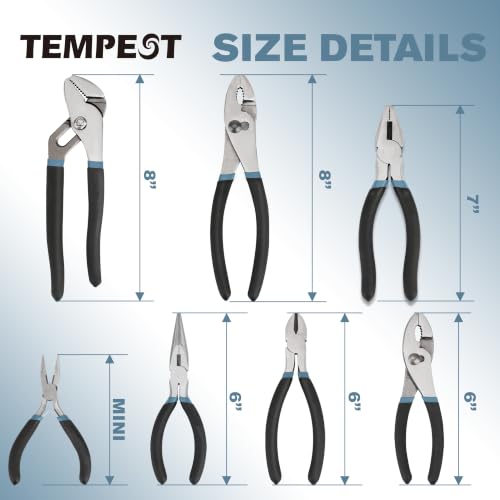 TEMPEST 7-Piece Utility Pliers Set – 8" Groove Joint Plier, 8"/6" Slip Joint, 7" Linesman, 6" Diagonal, 6" & Mini Long Nose, Carbon Steel, Anti-Slip Double-Dipped Handle for Home, DIY, Automotive