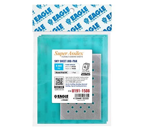 Super Assilex Flexible Sanding Sheets Job-PAK, Sky K-600, U191-1508, 4 Sheets + 1 M Hand Pad for Half Sheets - color: K-600 Sky, size: w/ Half-sheet M Pad