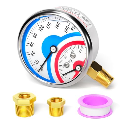 MEANLIN MEASURE 0-160Psi Stainless Steel Thermal Pressure Gauge 30-250℉ 1/4" NPT 2.5" FACE DIAL Liquid Filled Pressure Gauge, with 1/2" NPT and 3/8" NPT Hex Bushing, Lower Mount - size: Lower Mount, style: Liquid Filled
