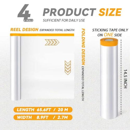4 Rolls 8.9 x 65.6 ft Pre-Taped Masking Film, Plastic Drop Cloth with Tape