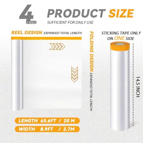 4 Rolls 8.9 x 65.6 ft Pre-Taped Masking Film, Plastic Drop Cloth with Tape
