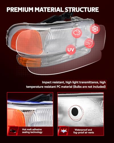 Torchbeam Headlights Assembly for 1999-2006 GMC Sierra 1500 4.8L/5.3L/4.3L - color: Chrome-Amber/for 1999-2006 GMC Sierra 1500