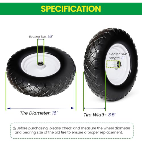 Wheelbarrow Tire and Wheel, 16" Flat Free Solid Tire 4.80/4.00-8