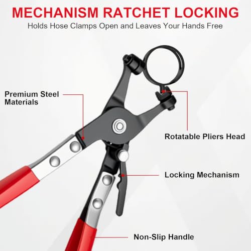 Upgrade 4PCS Hose Clamp Kit for Water Hose and Coolant Radiator Heater, Automotive Hose Repair and Replacement includes Hose Pipe Clamp Clip Flat Band Clamp Pliers, Clic-R Type & Hose Remover Tool