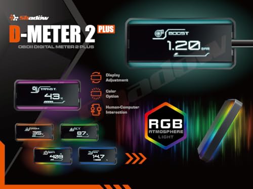 Shadow OBD2 Display D-Meter 2 Plus - Minimalist & Futuristic Multi-Functional Gauge with RGB Accent Light, Sleek Black Frame, DTC Scan & Clear, High-Tech Design for 12V/48V Cars
