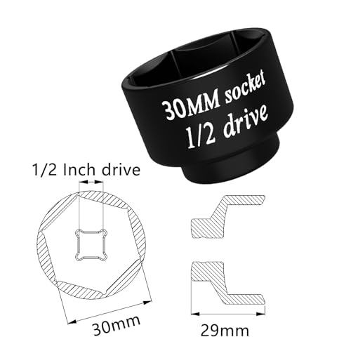30mm Stubby Impact socket 1/2 drive 6 Point wrench tool, for pulley and semi brake caliper retaining bolts Toyota 3VZ oil cooler Camry LE 4 cylinder the spark plug nuts Lawn Mower blades bolts - color: Black, size: 30mm