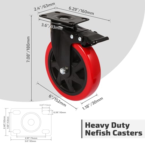 Nefish 6 Inch Heavy Duty Caster Wheels, Industrial Casters Set of 4, Locking Industrial Swivel Top Plate Casters 2600 Lbs, 360 Degree Industrial Grade Casters for Industrial, Furniture, Equipment - size: 6 IN