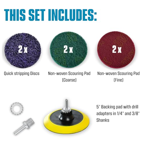 LINE10 Tools 5-Inch Metal Stripping Surface Condition Kit for Angle Grinder w Drill Adapter, Quick Strip Discs, Paint Remover for Metal, Rust Cleaner Scour Scrub Pads Red Green Non-Woven Scotch Discs