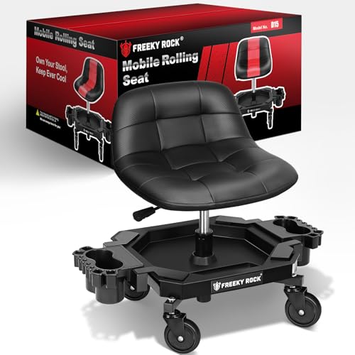 Rolling Stool with Wheels, Adjustable Height Pneumatic Garage Work Mechanic Stool Seat with Backrest, 400 LBS Capacity 360° Swivel Mechanic Crepper Chair with Tool Tray Storage, Black - color: Carbon Fiber Black