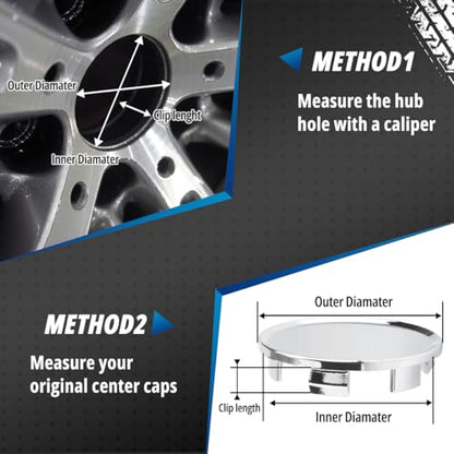 4 Pack Wheel Center Caps Kit for MiTo, OD 51 mm / 2 inch ID 45 mm / 1.77 inch Hub Caps, Snap-in Chrome ABS-Plastic Rim Covers - color: chome